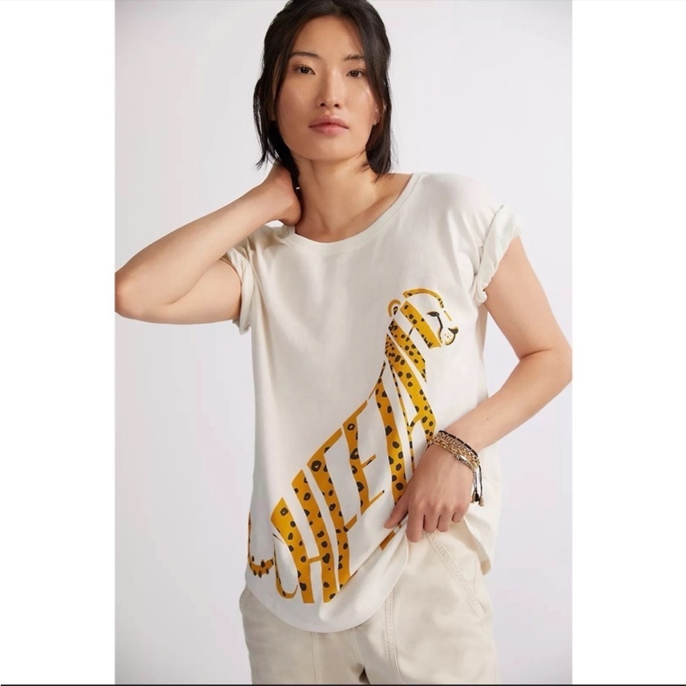 Anthropologie Maeve Leopard Graphic Tee Shirt Ivory Short Sleeve Size S NWT